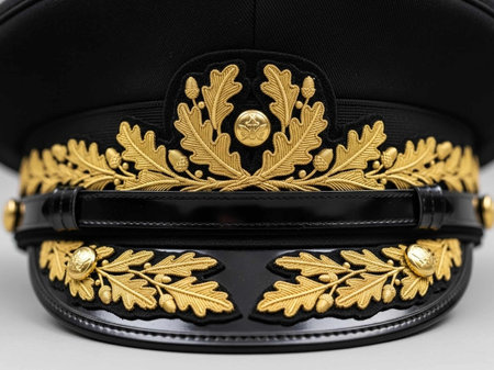 Close up of a police officer's hat with gold ornament on white backgroundの写真素材