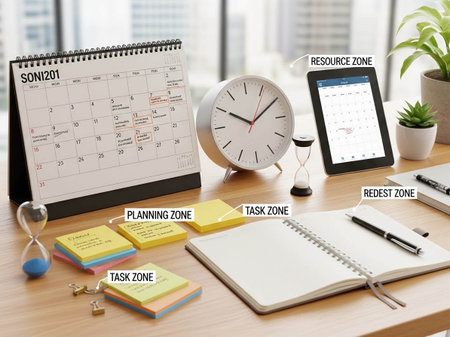 Office desk with calendar and stationery. Time management and planning concept