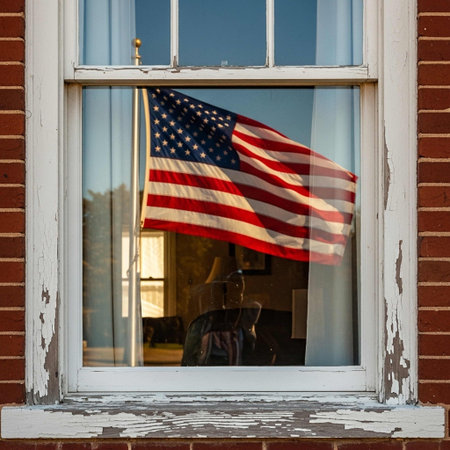 Flag of the United States of America in a window of an old building