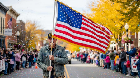 Unidentified man waving the American flag during the parade.の写真素材