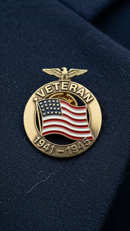 Veteran badge on a navy blue uniform, close-up.