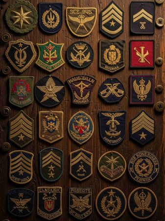 Old Soviet military badges on a wooden background. Selective focus.の写真素材