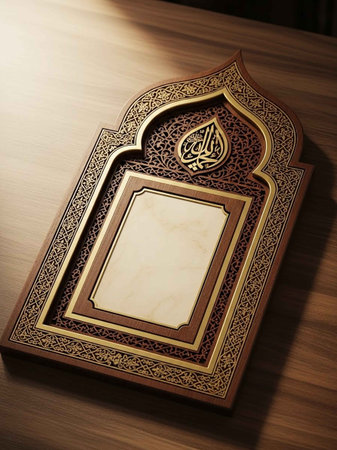 Photo frame on the table in the mosque. Ramadan Kareem.の写真素材