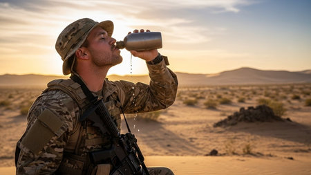 Soldier drinking water from a bottle in the middle of the desertの写真素材