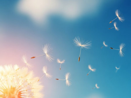 Dandelion seeds flying in the wind on a blue sky backgroundの写真素材