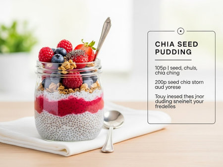 Chia seed pudding with fresh berries and muesli in glass jarの写真素材