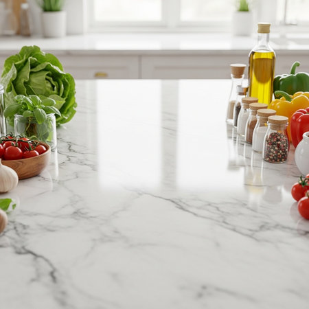 Different fresh vegetables on white marble table in modern kitchen. Cooking conceptの写真素材