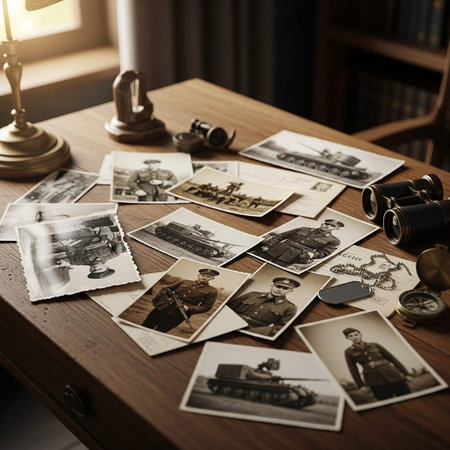 Old photos on the table in a courtroom or law enforcement office.の写真素材