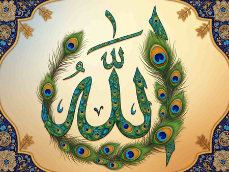 Illustration of Islamic calligraphy with a peacock feather on a beige background