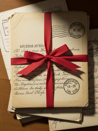 Gift box with a red ribbon on the background of old lettersの写真素材