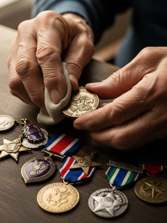 Close-up of the hands of an elderly woman with medals in the backgroundの写真素材
