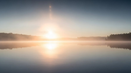 Panoramic view of a foggy lake at sunrise. Beautiful summer scenery.の写真素材