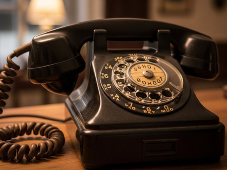 Old black telephone on a wooden table in a room with a lampの写真素材