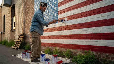 Man painting the wall of a building with a paint roller in the USAの写真素材