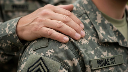 Close up of a soldier's hands on his chest. Selective focus.