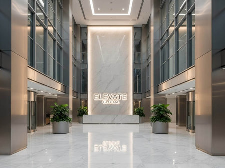 3D rendering of the interior of a modern office building with marble wallsの写真素材