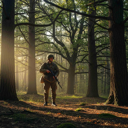 Person with assault rifle in the forest at sunrise. Selective focus.の写真素材