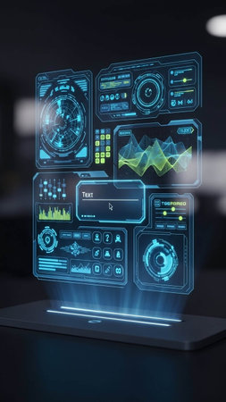 Digital composite of Futuristic interface with graphs and data against black backgroundの写真素材