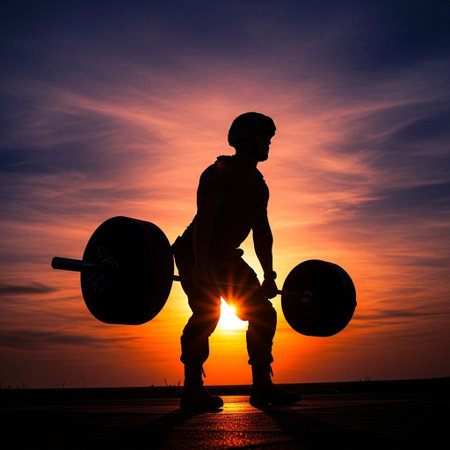 Silhouette of a man lifting barbell on sunset background.の写真素材