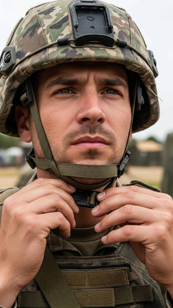 Close-up of young soldier in military uniform looking away on field