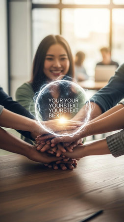 Group of business people holding hands together with a glowing circle. Teamwork concept.の写真素材