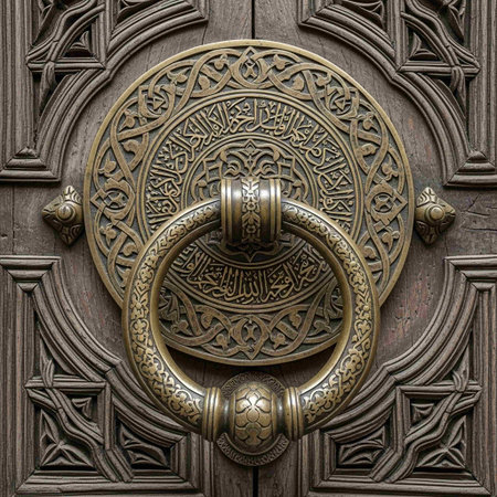 door knocker in the shape of a circle on a wooden doorの写真素材