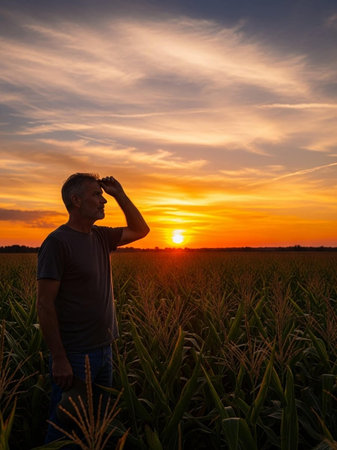 Young man standing in corn field looking into the distance at sunset.