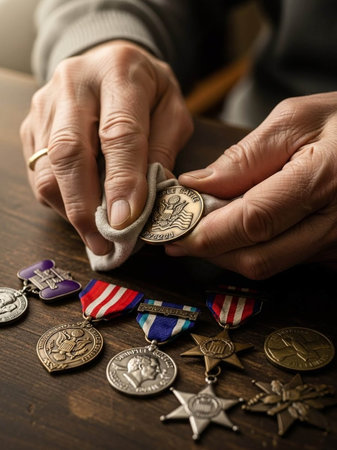 Close-up of an old woman's hands holding a medal with a ribbon on itの写真素材