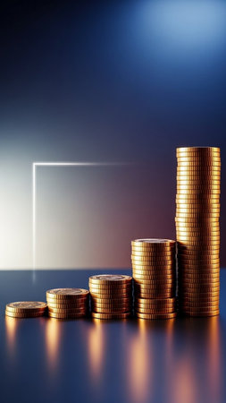 Stacks of gold coins on dark background. Financial success concept.