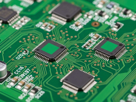 Close-up of electronic circuit board, microcircuit. Technology background