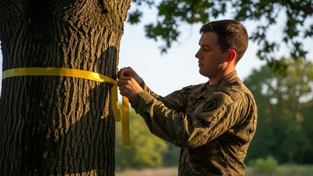 Young man in a military uniform tying a yellow tape on a treeの写真素材