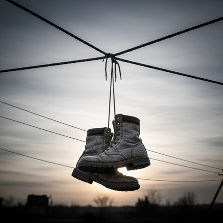 Pair of old boots hanging on a rope on a sunset backgroundの写真素材