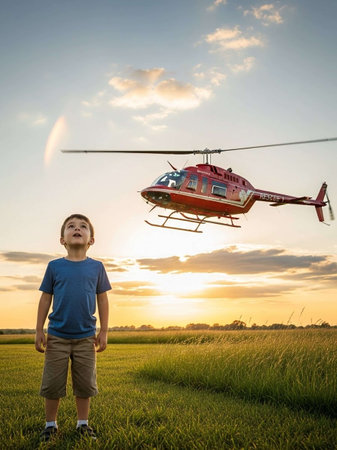 Little boy and helicopter in the field at sunset. The concept of children's care, safety, travel.