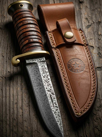 Hunting knife on a wooden background. Vintage style. Selective focus.