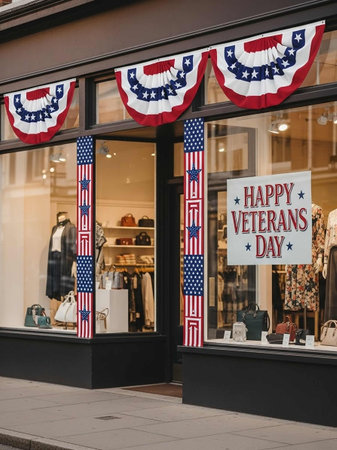 Hanging sign with the words HAPPY VETERANS DAY on a shop window in Manhattanの写真素材