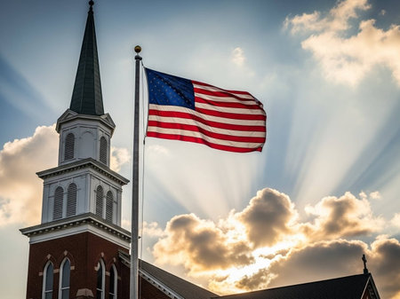 Flag of the United States of America and the Church of St. James at sunset.の写真素材