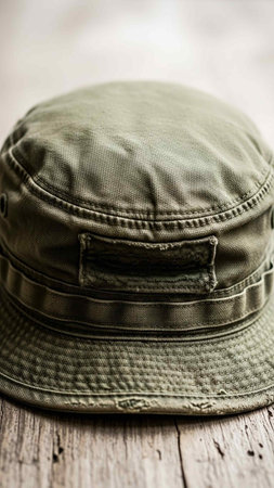 Vintage army hat on wooden background. Selective focus. Toned.