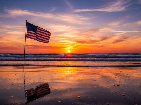 American flag waving on the beach during sunset, San Diego, Californiaの写真素材