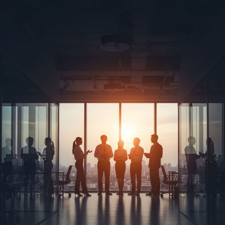 Silhouette of business people in modern office interior. Mixed mediaの写真素材