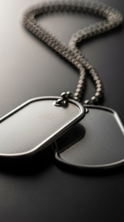 Blank military dog tags on a black background close-up.の写真素材