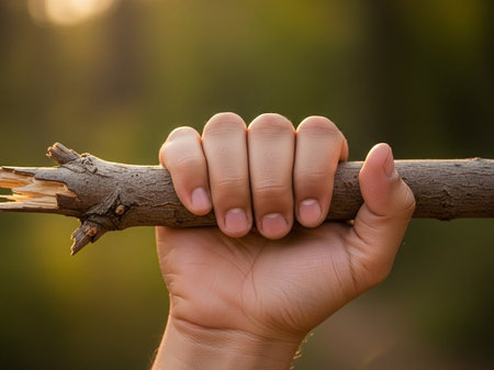 Hand holding a branch of a tree in the forest at sunsetの写真素材