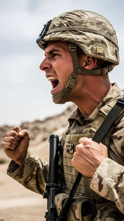 Soldier with assault rifle shouting and clenching fist in the desert