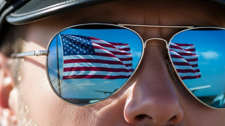 Close-up of a woman's face wearing sunglasses with the flag of the United States of Americaの写真素材