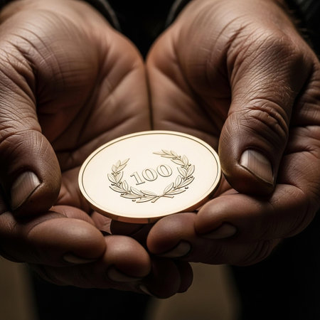 Closeup of a man's hands holding a 100 euro coin.の写真素材
