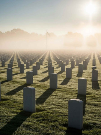 American cemetery at sunrise with fog and sun rays in the background.の写真素材