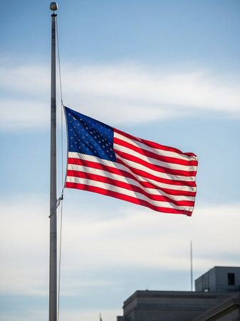 American flag waving in the wind against a blue sky with white cloudsの写真素材