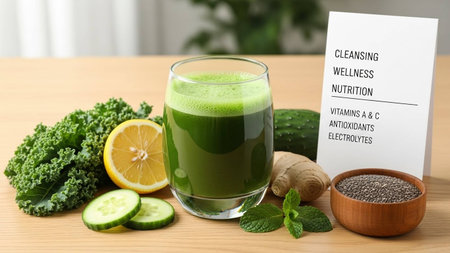 Healthy green smoothie with ingredients on wooden table, closeupの写真素材
