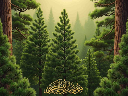 Eid al-Fitr greeting card with coniferous forest background