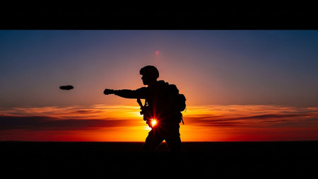 Silhouette of a soldier with a gun on a sunset background