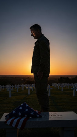 American soldier in military uniform standing at the cemetery at sunset. Memorial Day.の写真素材